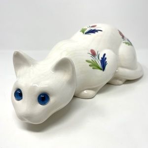 ELPA Alcobaca Ceramic Cat with Glass Blue Glass Eyes Made in Portugal Flowers
